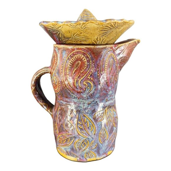 Hand Made Primitive Studio Art Pottery Pitcher With Juice Rimmer Stackable VTG - Picture 2 of 16